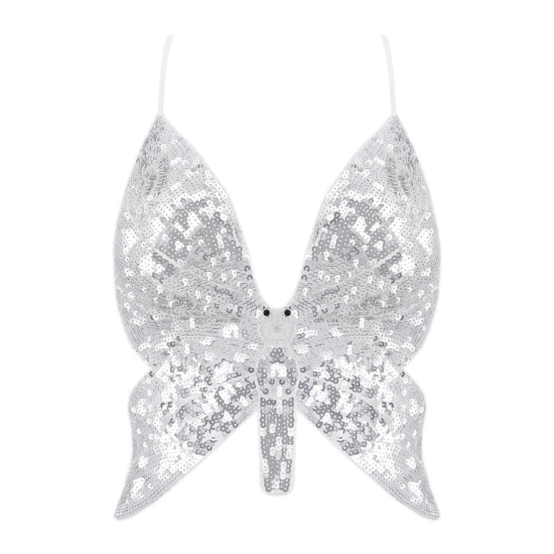 Mocure Womens Sparkly Butterfly Sequin Crop Tops Sexy Trendy Sleeveless Cute Butterfly Halter Tops Rave - Image 1